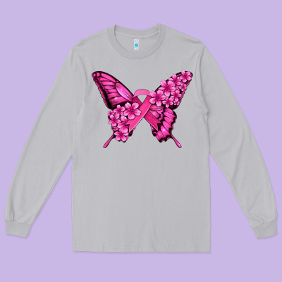Pink Ribbon Breast Cancer Butterfly Long Sleeve Tee Designed By Jasminsmagicworld