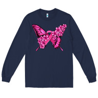 Navy pink ribbon breast cancer butterfly Long Sleeve Tee - Jasminsmagicworld