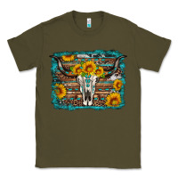 Army Green longhorn bull skull western turquoise background Classic Tee - Artiststas