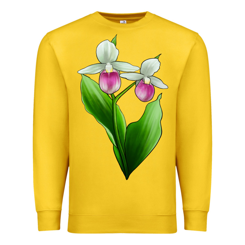 Pink And White Lady's Slipper Flower Premium Sweatshirt by LillyAllenDesigns | Teevron