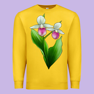 Pink And White Lady's Slipper Flower Premium Sweatshirt Designed By Lillyallendesigns