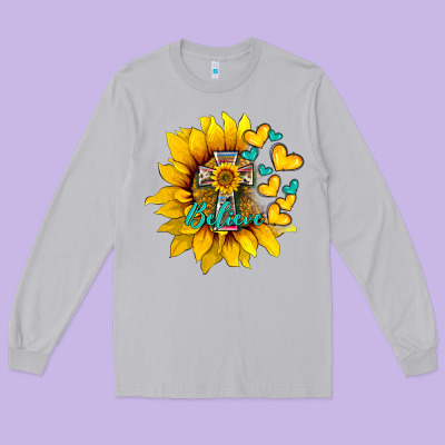 Western Sunflower  Cross Believe Long Sleeve Tee Designed By Barkaloodesign