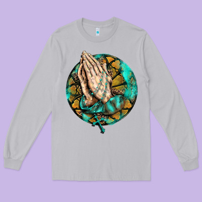 Western Praying Hands Prayer Rosary  Faith Cross Long Sleeve Tee Designed By Barkaloodesign