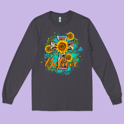 Western Belive Sunflowers Cross Long Sleeve Tee Designed By Barkaloodesign