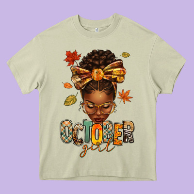 October Girl Afro Woman Fall Heavy Core Tee Designed By Texasbilliewilder