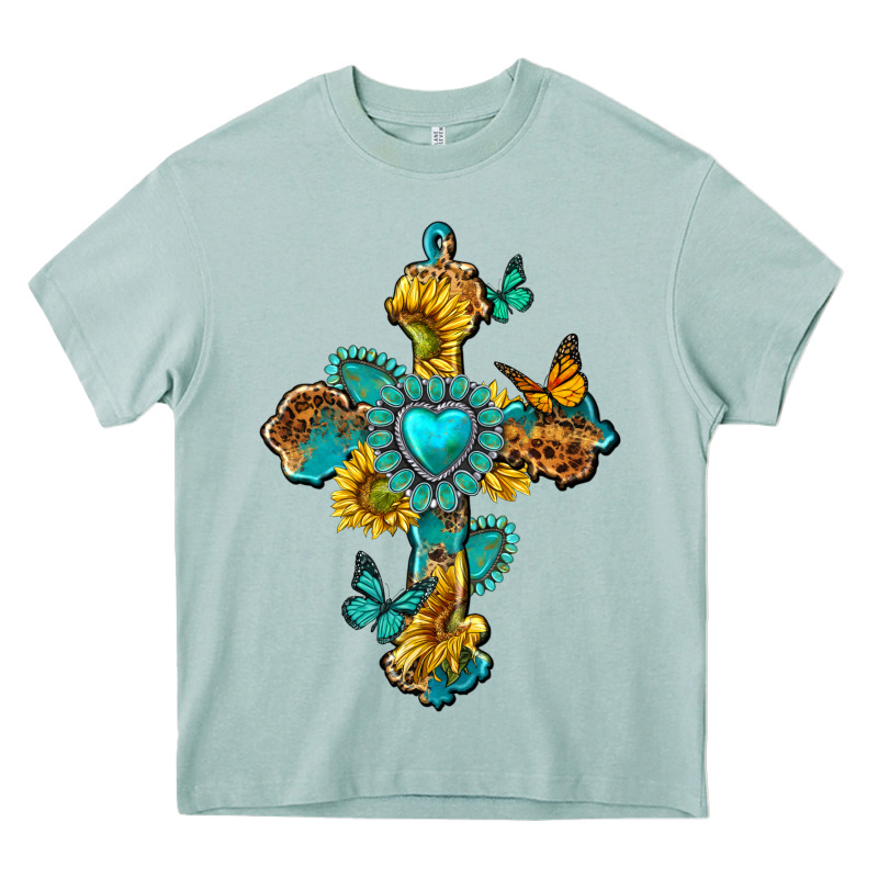 Western Cross With Gemstone And Sunflowers Heavy Core Tee by texasbilliewilder | Teevron