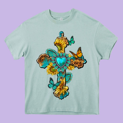 Western Cross With Gemstone And Sunflowers Heavy Core Tee Designed By Texasbilliewilder
