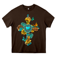 Chocolate Brown western cross with gemstone and sunflowers Heavy Core Tee - texasbilliewilder