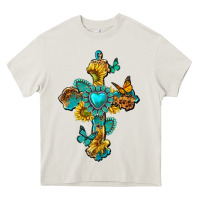 Cream western cross with gemstone and sunflowers Heavy Core Tee - texasbilliewilder