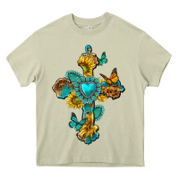 Mossy western cross with gemstone and sunflowers Heavy Core Tee - texasbilliewilder