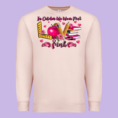 In October We Wear Pink Teacher Premium Sweatshirt Designed By Lillyallendesigns