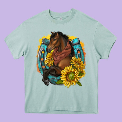Western Horse With Horseshoe Heavy Core Tee Designed By Texasbilliewilder