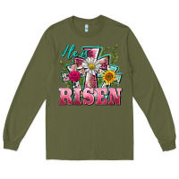 Army Green he is risen cross easter Long Sleeve Tee - BarkalooDesign