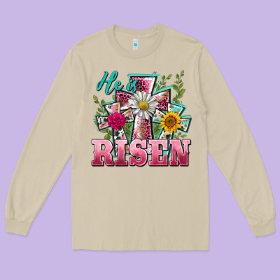 He Is Risen Cross Easter Long Sleeve Tee Designed By Barkaloodesign