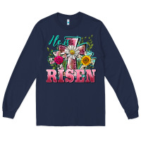Navy he is risen cross easter Long Sleeve Tee - BarkalooDesign