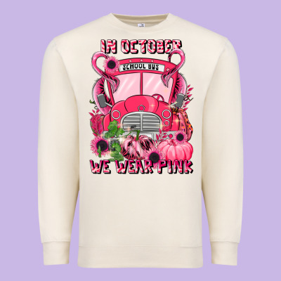 In October We Wear Pink Halloween School Bus Premium Sweatshirt Designed By Lillyallendesigns
