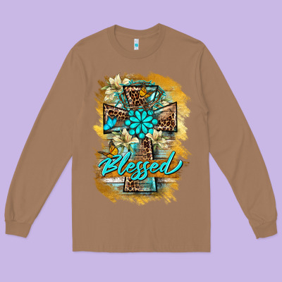 Western Cross Blessed Lily Butterfly Long Sleeve Tee Designed By Barkaloodesign