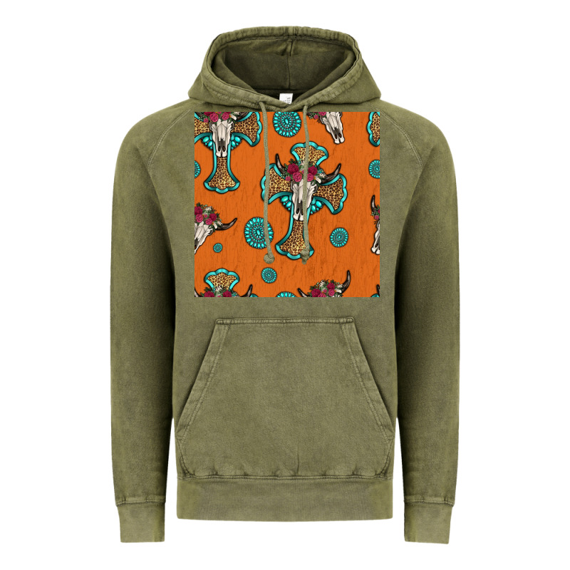 Western Cross And Bull Skull Seamless Pattern Vintage Hoodie by HRA Design Shop | Teevron