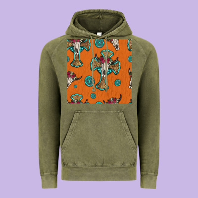 Western Cross And Bull Skull Seamless Pattern Vintage Hoodie Designed By Hra Design Shop