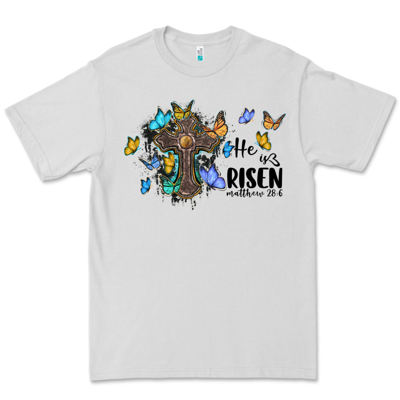 He Is Risen Matthew 28 6 Cross With Butterflies Cowhide Background Premium Tee by BarkalooDesign | Teevron