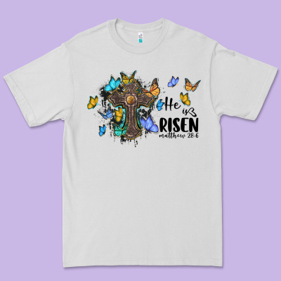 He Is Risen Matthew 28 6 Cross With Butterflies Cowhide Background Premium Tee Designed By Barkaloodesign