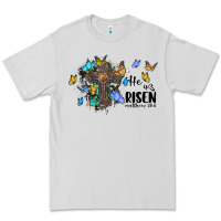 Dove Grey he is risen matthew 28 6 cross with butterflies cowhide background Premium Tee - BarkalooDesign