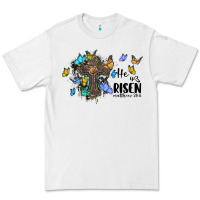 White he is risen matthew 28 6 cross with butterflies cowhide background Premium Tee - BarkalooDesign