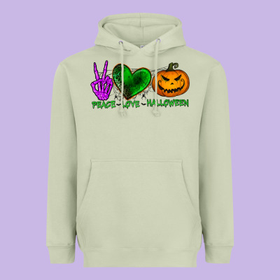 Peace Love Halloween Heavyweight Hoodie Designed By Bundleandbundleshop