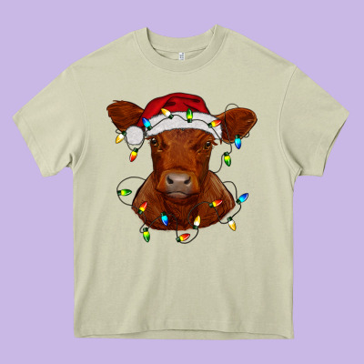 Heavy Core Tee Christmas baby red angus calf with lights
