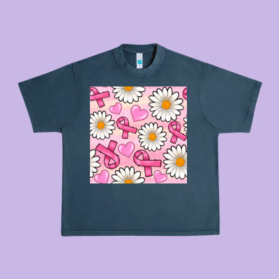 Breast Cancer Awareness With Daisy And Heart Seamless Pattern Urban Heavy Tee Designed By Bundleandbundleshop