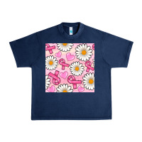 Navy breast cancer awareness with daisy and heart seamless pattern Urban Heavy Tee - BundleAndBundleShop