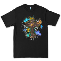 Black cross with butterflies cowhide background Premium Tee - BarkalooDesign