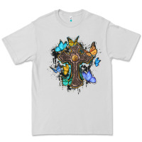 Dove Grey cross with butterflies cowhide background Premium Tee - BarkalooDesign