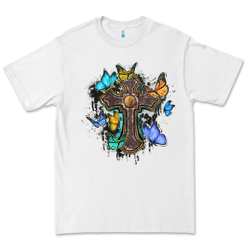 Cross With Butterflies Cowhide Background Premium Tee by BarkalooDesign | Teevron