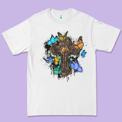 Cross With Butterflies Cowhide Background Premium Tee Designed By Barkaloodesign