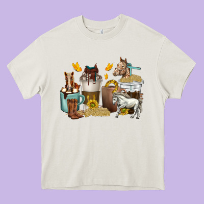 Coffee Cups Horses Heavy Core Tee Designed By Texasbilliewilder