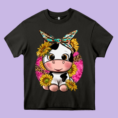 Cut Cow With Sunflower And Leopard  Pink Heavy Core Tee Designed By Texasbilliewilder