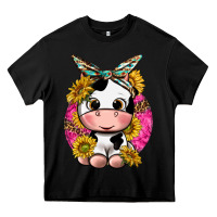 Black cut cow with sunflower and leopard  pink Heavy Core Tee - texasbilliewilder