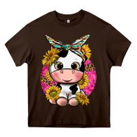 Chocolate Brown cut cow with sunflower and leopard  pink Heavy Core Tee - texasbilliewilder