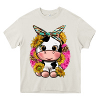 Cream cut cow with sunflower and leopard  pink Heavy Core Tee - texasbilliewilder
