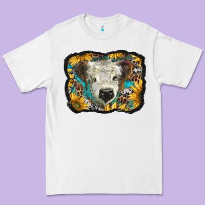 White Scottish Calf With Sunflowers Western  Background Premium Tee Designed By Barkaloodesign