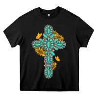 Black gemstone cross with sunflowers and butterflies Heavy Core Tee - texasbilliewilder
