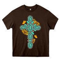 Chocolate Brown gemstone cross with sunflowers and butterflies Heavy Core Tee - texasbilliewilder