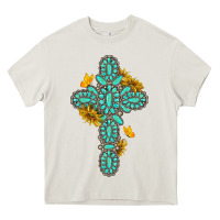 Cream gemstone cross with sunflowers and butterflies Heavy Core Tee - texasbilliewilder