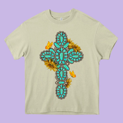 Gemstone Cross With Sunflowers And Butterflies Heavy Core Tee Designed By Texasbilliewilder