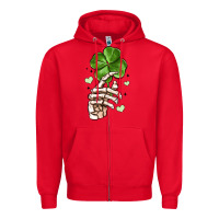 Red skeleton hand with shamrock st patrick s day Zipper Hoodie - MaliasSmallBusiness