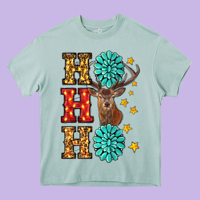 Heavy Core Tee Gemstone And Reindeer Christmas Ho Ho Ho