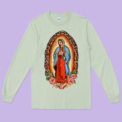 Our Lady Of Guadalupe Leopard And Roses Long Sleeve Tee Designed By Barkaloodesign