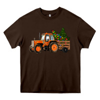 Chocolate Brown Christmas Orange Farm Tractor Heavy Core Tee - RanaPortraitStore