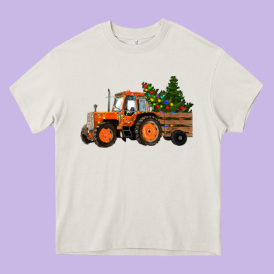 Heavy Core Tee Christmas Orange Farm Tractor